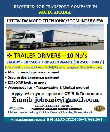 REQUIRED FOR TRANSPORT COMPANY IN  SAUDI ARABIA