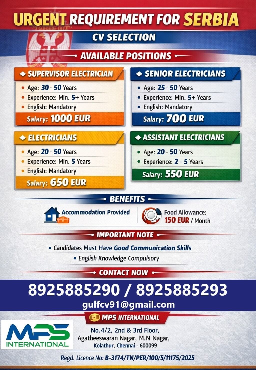 URGENT REQUIREMENT FOR SERBIA CV SELECTION