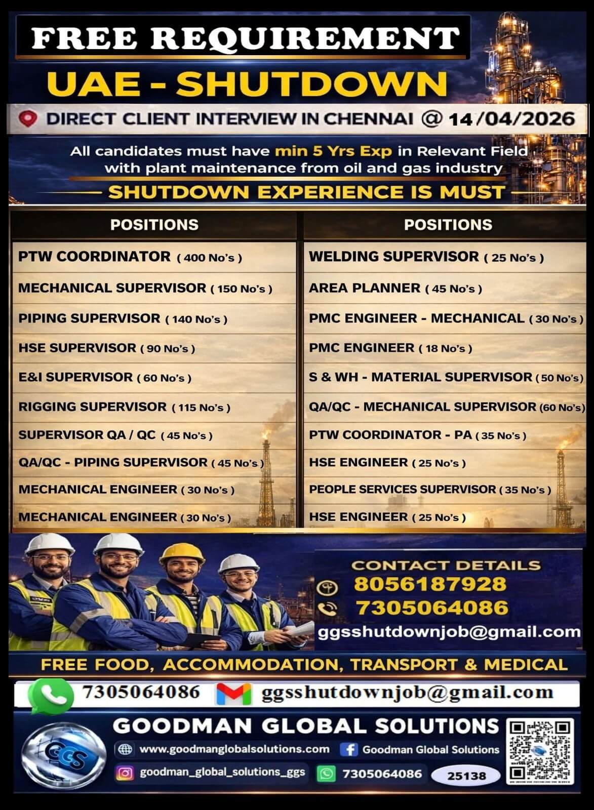 FREE REQUIREMENT - UAE - OIL & GAS (SHUTDOWN PROJECT) DIRECT CLIENT INTERVIEW IN CHENNAI @14/04/2026 FREE REQUIREMENT - UAE - OIL & GAS (SHUTDOWN PROJECT) DIRECT CLIENT INTERVIEW IN CHENNAI @14/04/2026