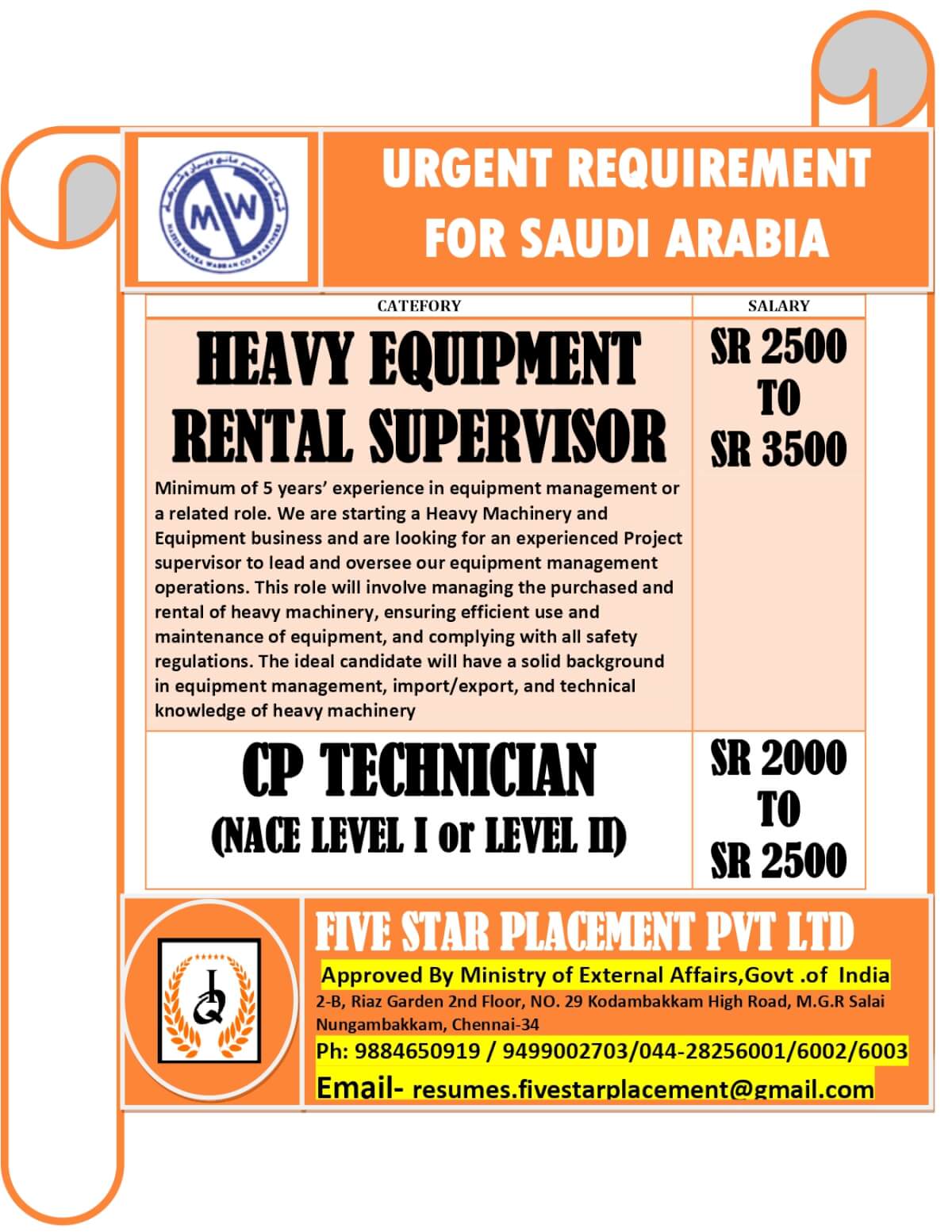 URGENT REQUIREMENT FOR SAUDI ARABIA