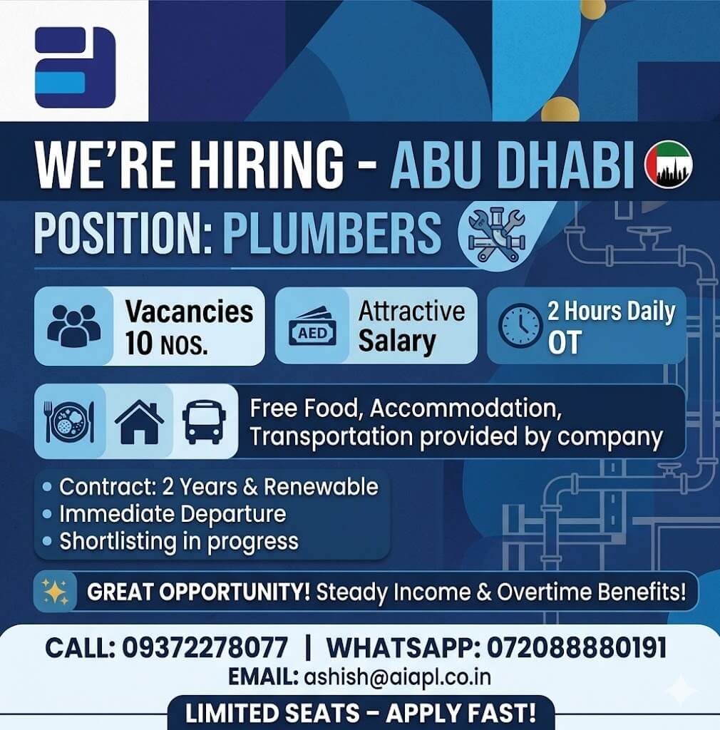 We are hiring Plumbers for a reputed company!