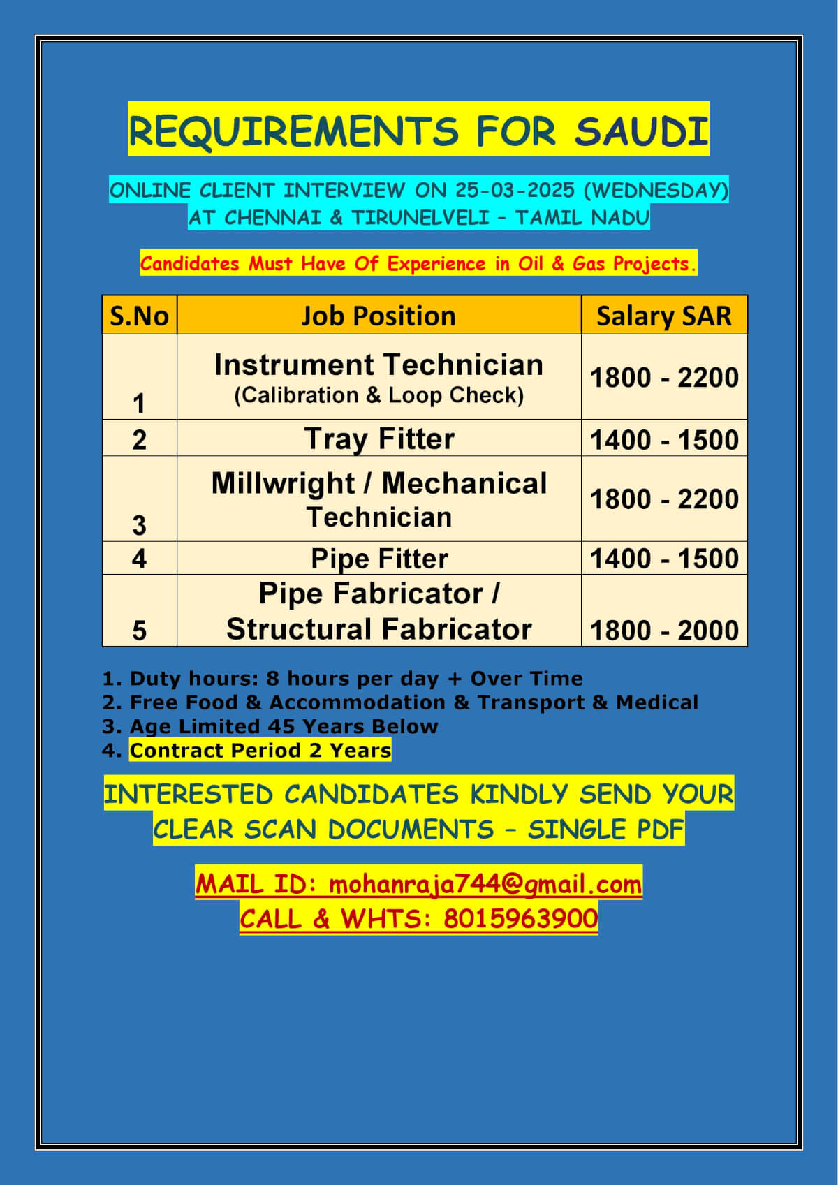 REQUIREMENTS FOR SAUDI - ONLINE CLIENT INTERVIEW ON 25-03-2025 (WEDNESDAY) AT CHENNAI & TIRUNELVELI – TAMIL NADU