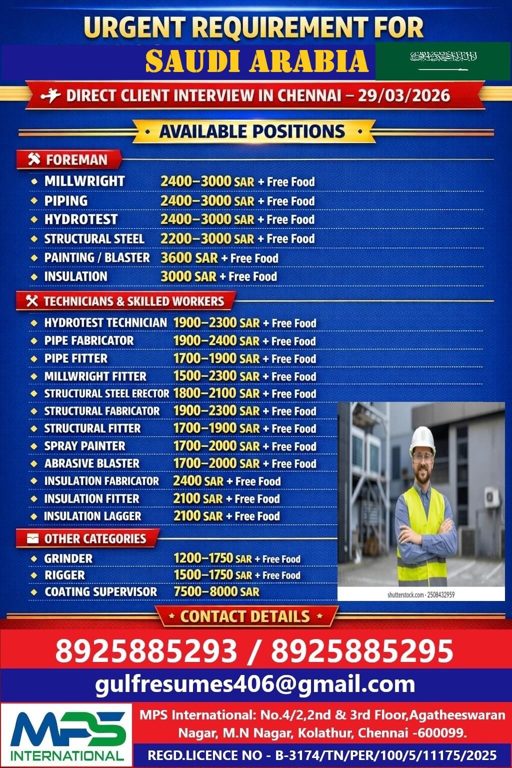 URGENT REQUIREMENT FOR SAUDI ARABIA DIRECT CLIENT INTERVIEW IN CHENNAI – 29/03/2026 URGENT REQUIREMENT FOR SAUDI ARABIA DIRECT CLIENT INTERVIEW IN CHENNAI – 29/03/2026