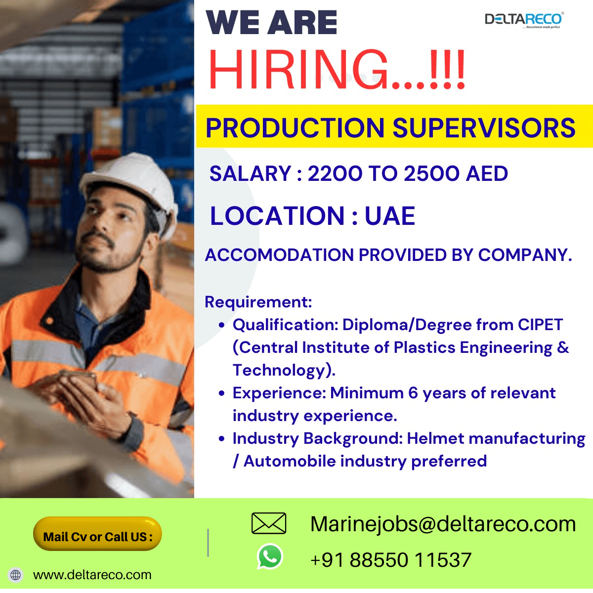 Hiring Production Supervisor for UAE Hiring Production Supervisor for UAE