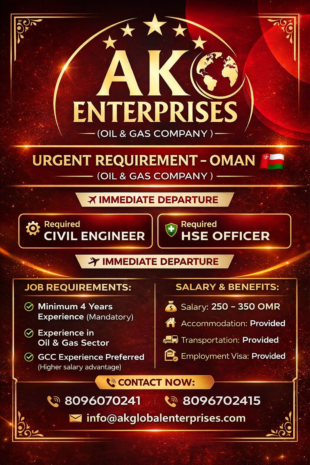 Required Civil engineer and HSE officer for Oil and Gas co. Oman Required Civil engineer and HSE officer for Oil and Gas co. Oman