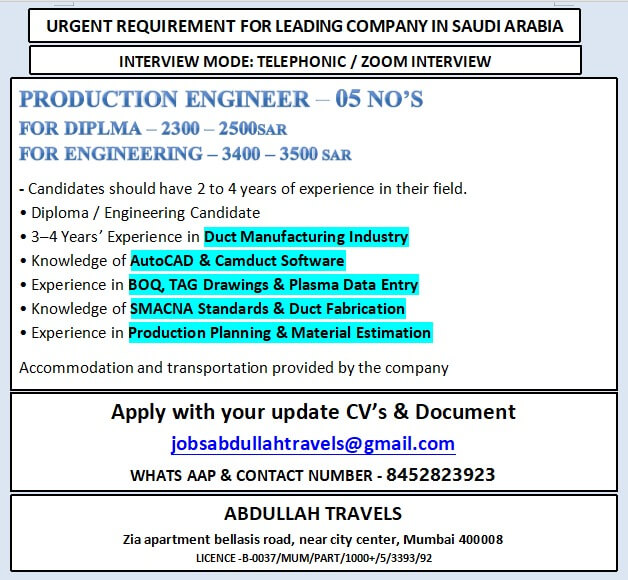 URGENT REQUIREMENT FOR LEADING COMPANY IN SAUDI ARABIA