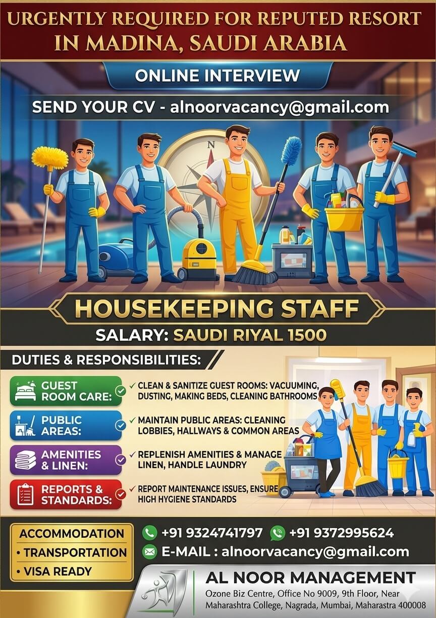 URGENTLY REQUIRED FOR REPUTED RESORT MADINA, SAUDI ARABIA