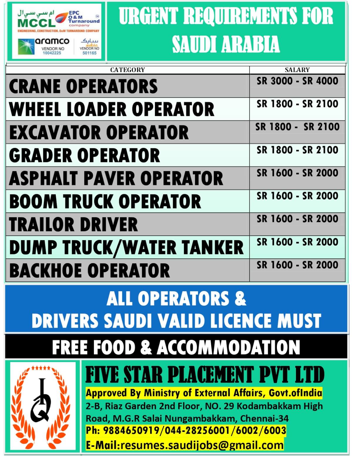 URGENT REQUIREMENT FOR SAUDI ARABIA