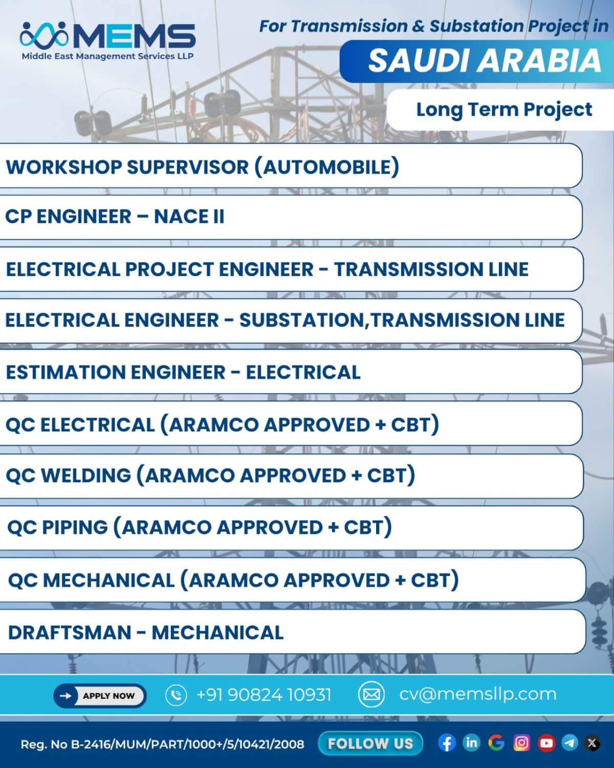 We are hiring for Transmission & Substation Project in Saudi Arabia