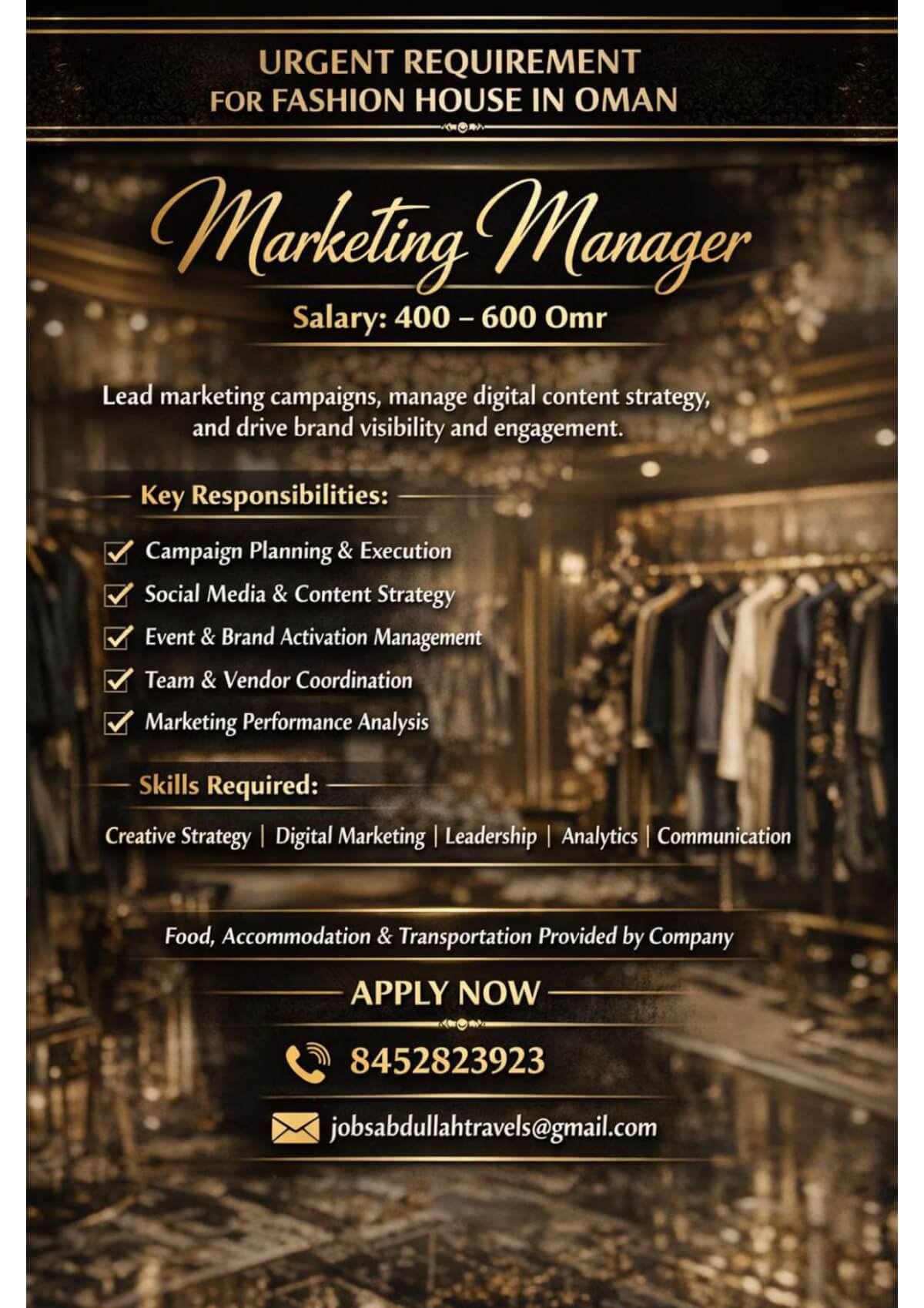 URGENT REQUIREMENT FOR FASHION HOUSE IN OMAN