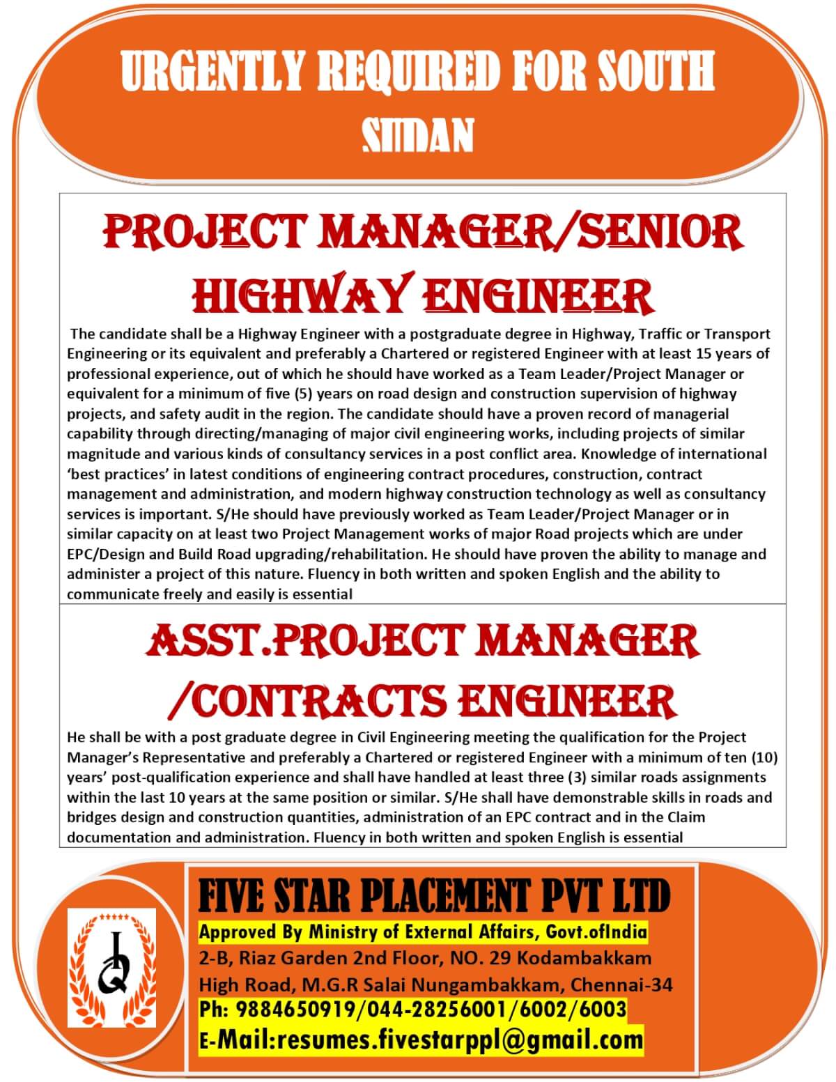 URGENT REQUIREMENT FOR SOUTH SUDAN