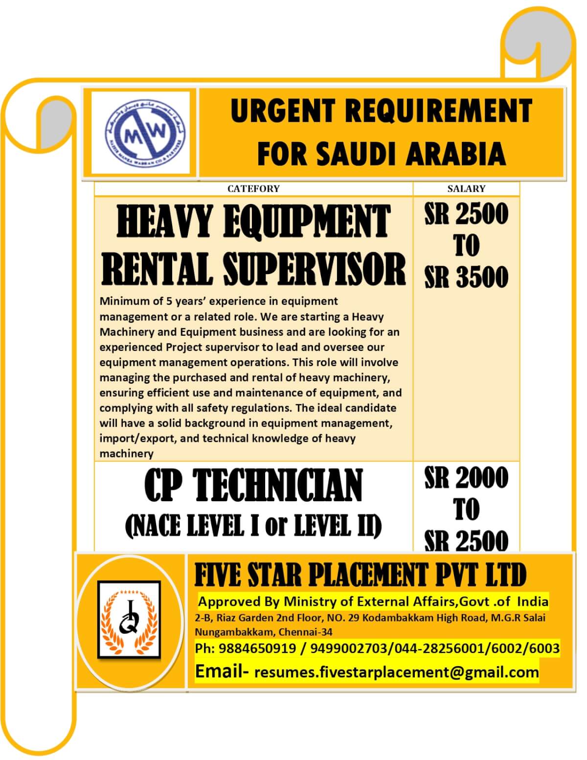 URGENT REQUIREMENT FOR SAUDI ARABIA
