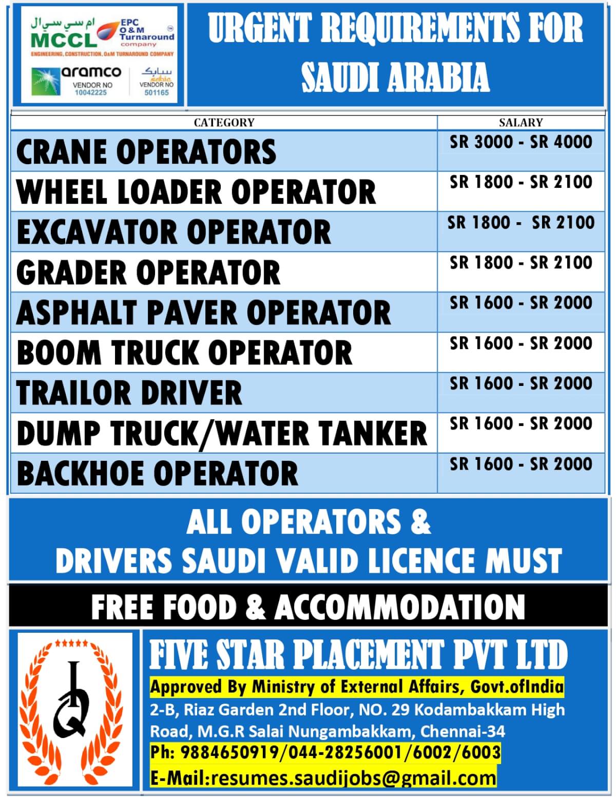 URGENT REQUIREMENT FOR SAUDI ARABIA