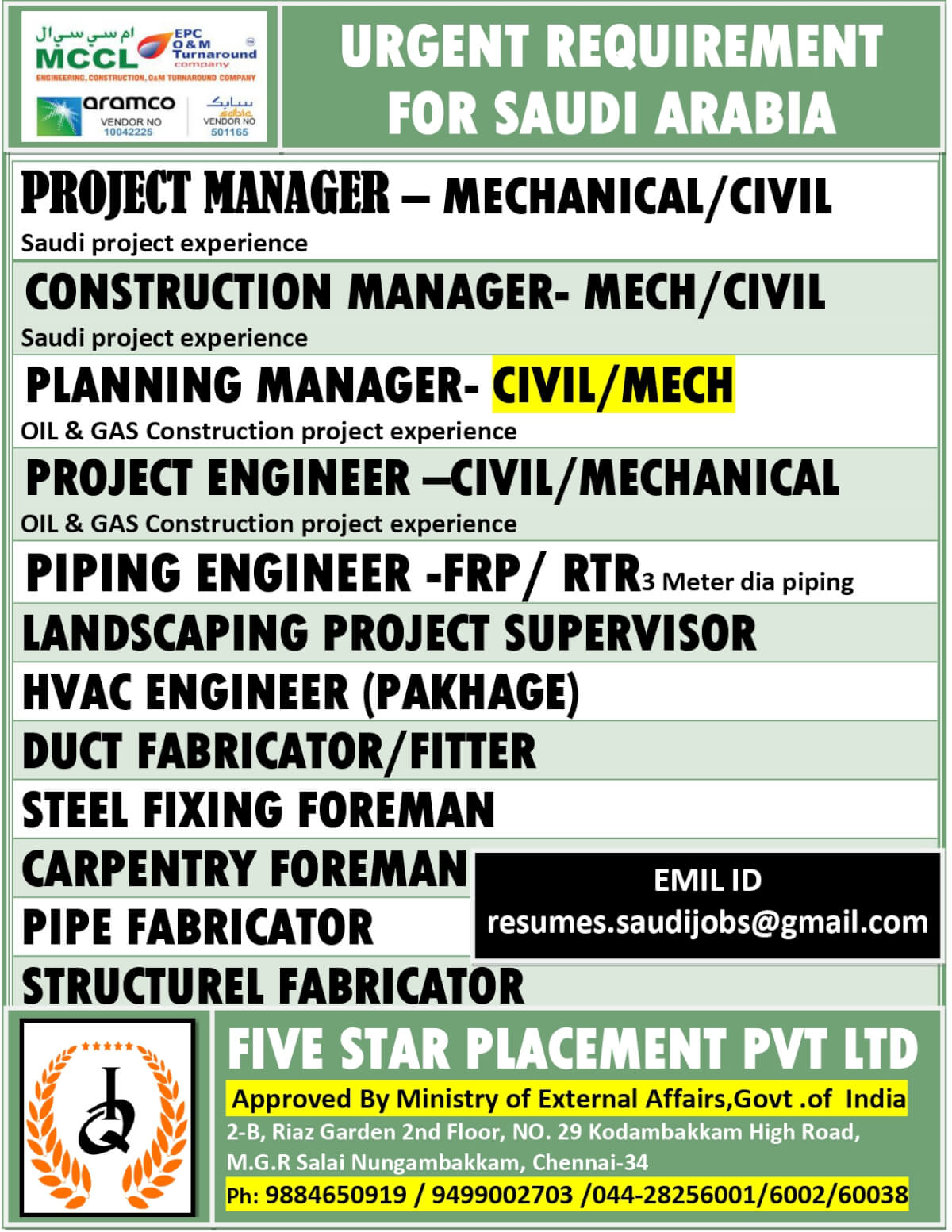 URGENT REQUIREMENT FOR SAUDI ARABIA