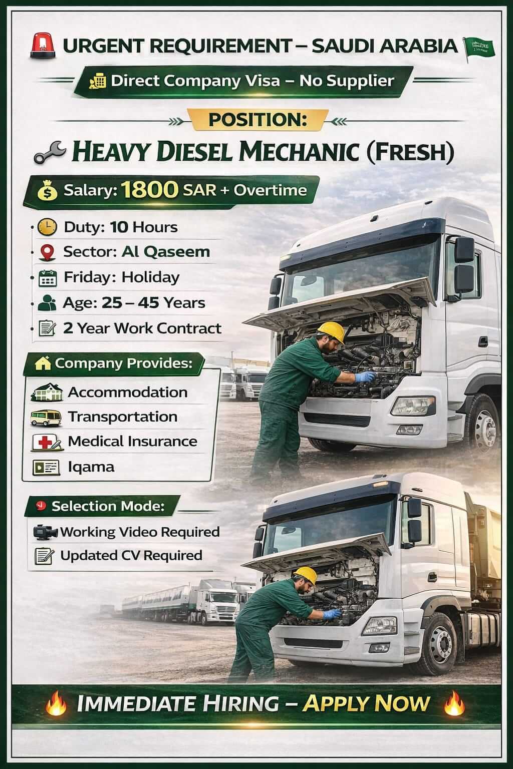 Urgent Requirement – Saudi Arabia Heavy Diesel Mechanic (Fresh)