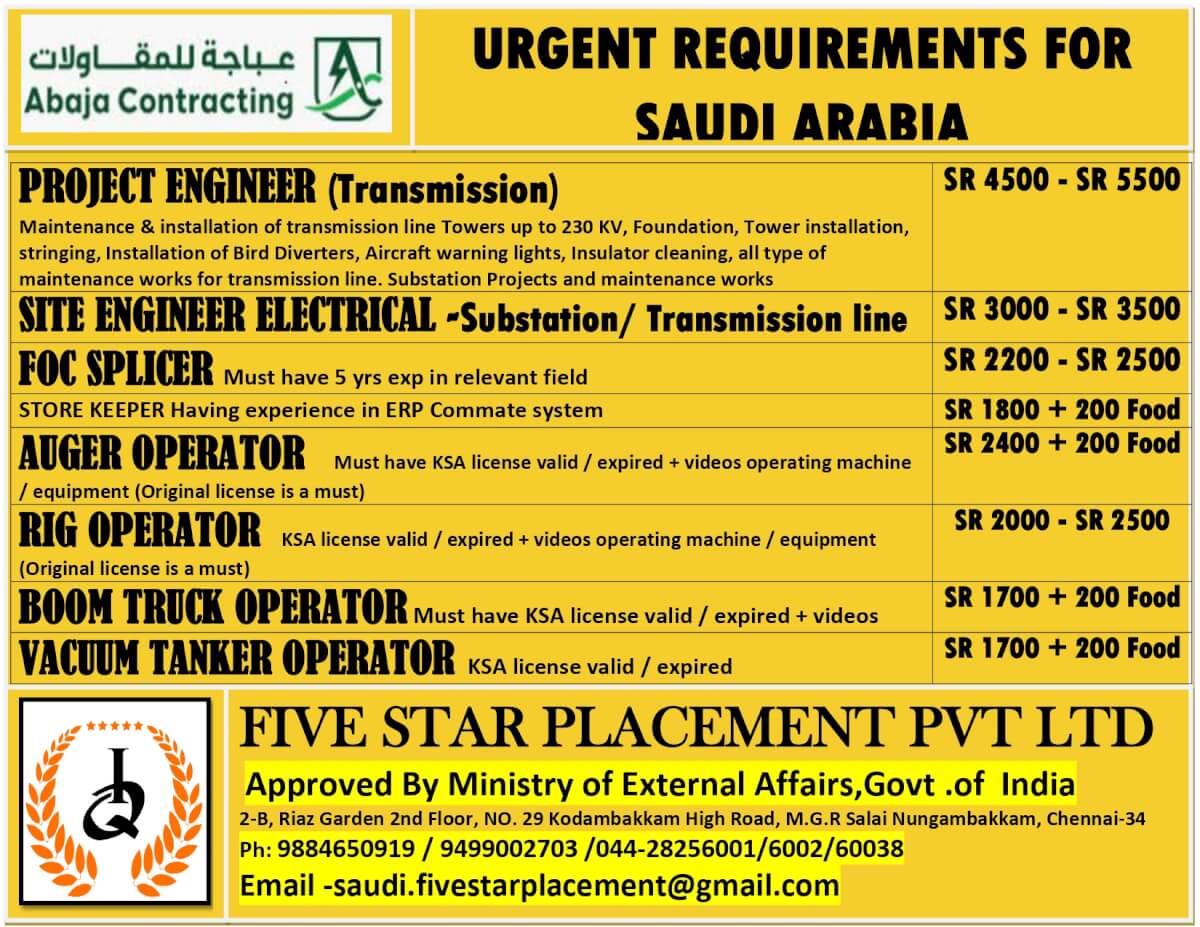 URGENT REQUIREMENT FOR SAUDI ARABIA