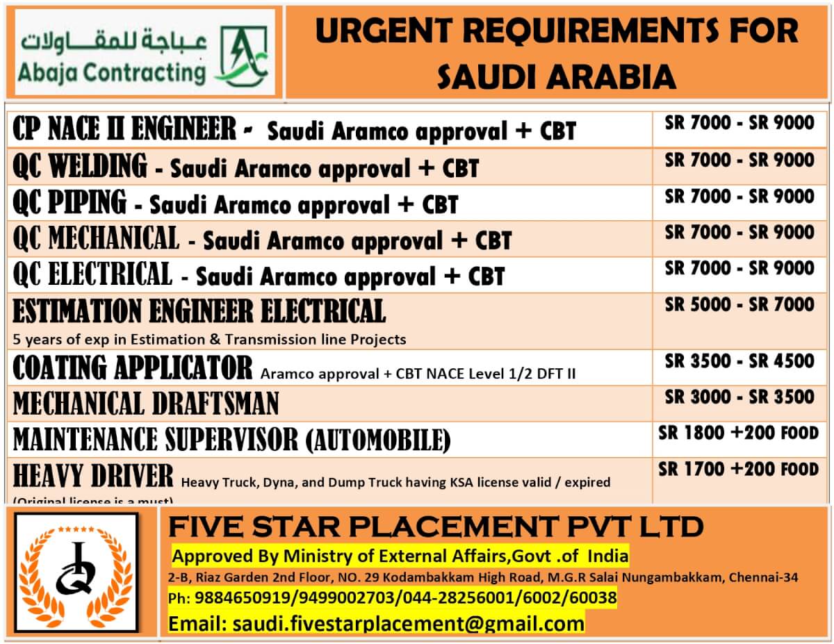 URGENT REQUIREMENT FOR SAUDI ARABIA