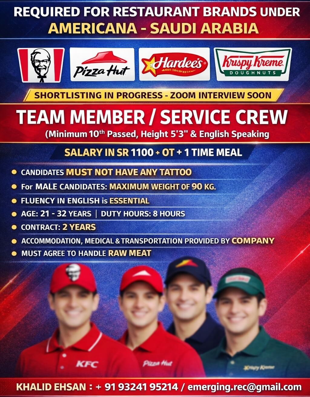 REQUIRED FOR RESTAURANT BRANDS UNDER AMERICANA - SAUDI ARABIA