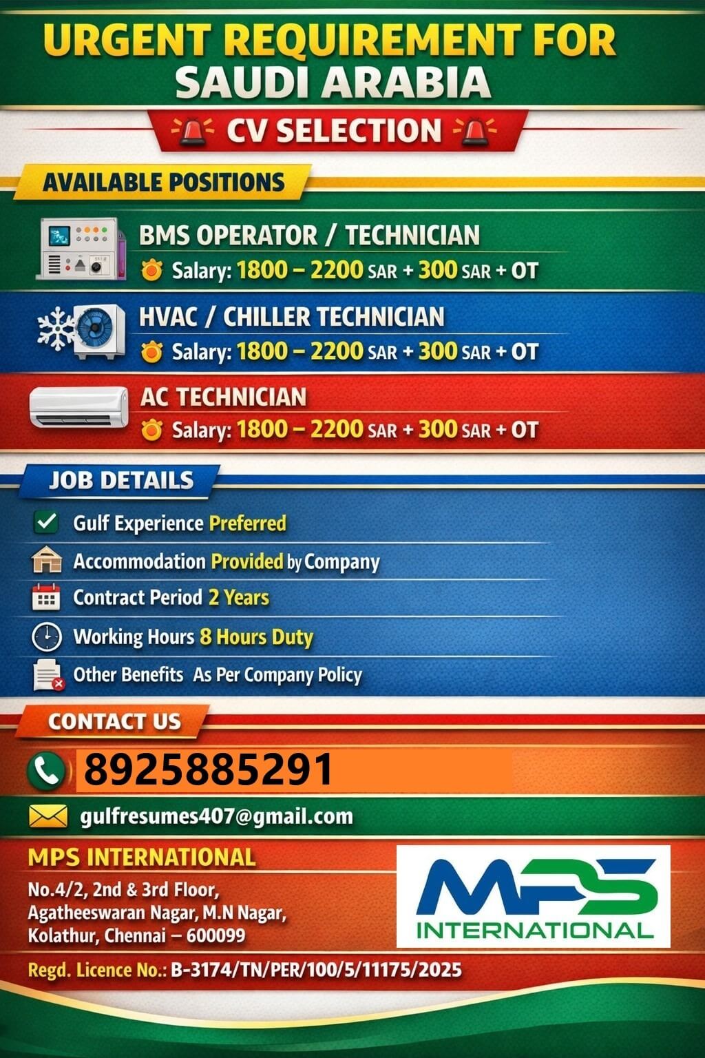 URGENT REQUIREMENT FOR SAUDI ARABIA  CV SELECTION