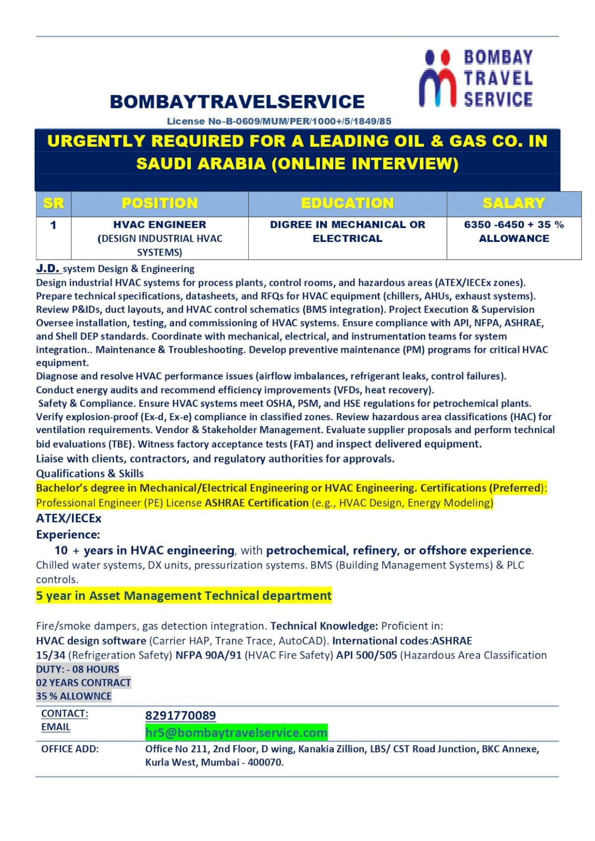 URGNELTY HIRING HVAC DESIGN ENGINEER FOR SAUDI ARABIA URGNELTY HIRING HVAC DESIGN ENGINEER FOR SAUDI ARABIA