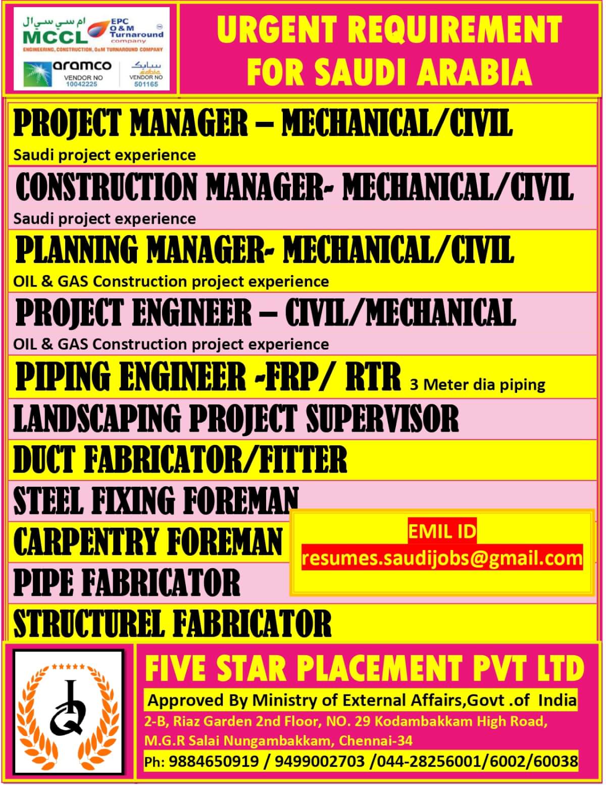 URGENT REQUIREMENT FOR SAUDI ARABIA URGENT REQUIREMENT FOR SAUDI ARABIA