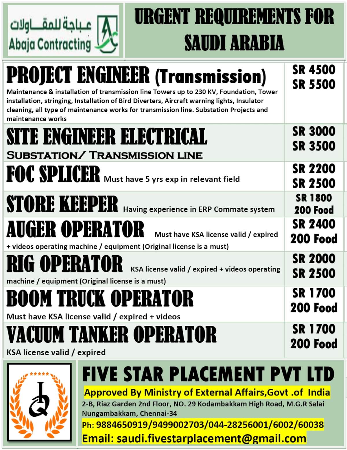 URGENT REQUIREMENT FOR SAUDI ARABIA URGENT REQUIREMENT FOR SAUDI ARABIA