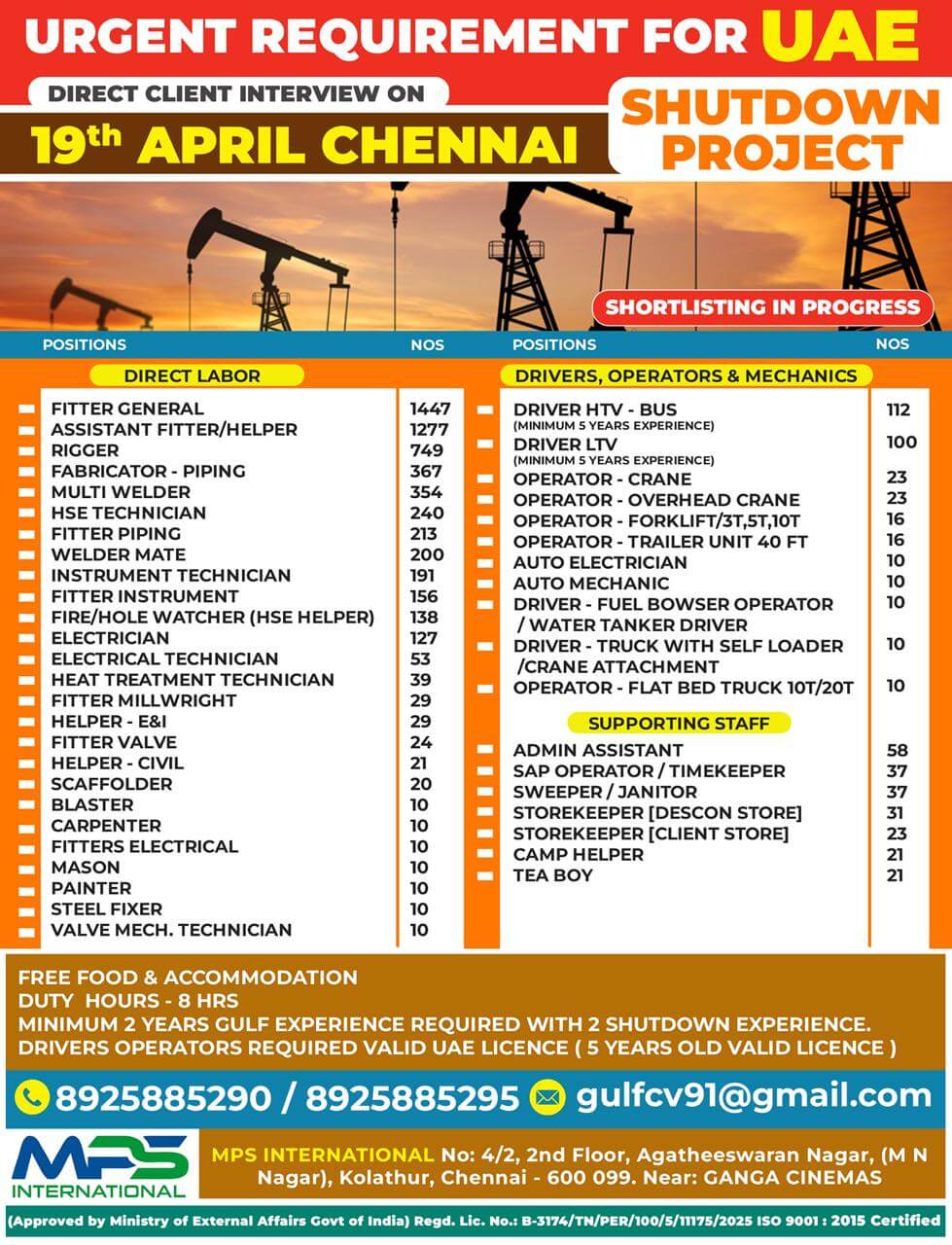 URGENT REQUIREMENT FOR UAE SHUTDOWN PROJECT  DIRECT CLIENT INTERVIEW ON 19th APRIL – CHENNAI