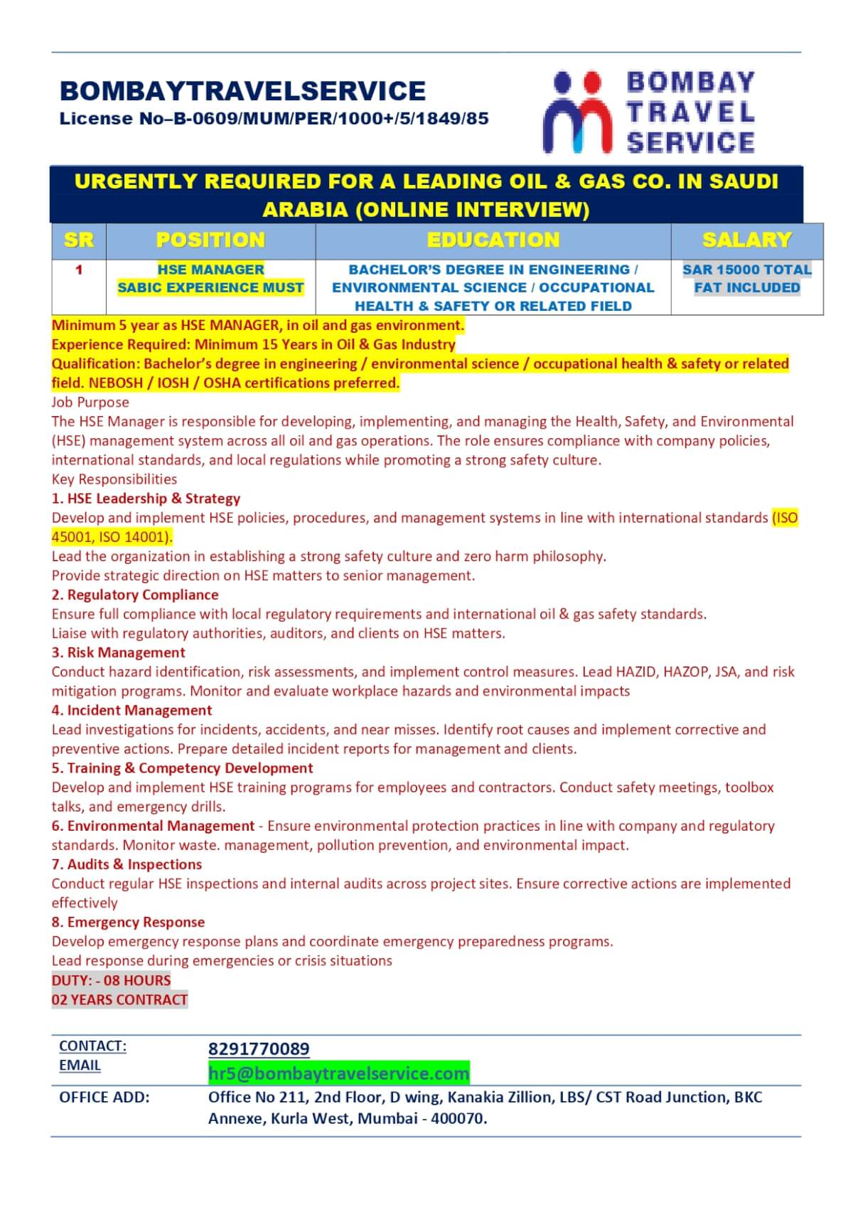 URGENTLY HIRING HSE MANAGER FOR SAUDI ARABAI FOR OIL & GAS CO