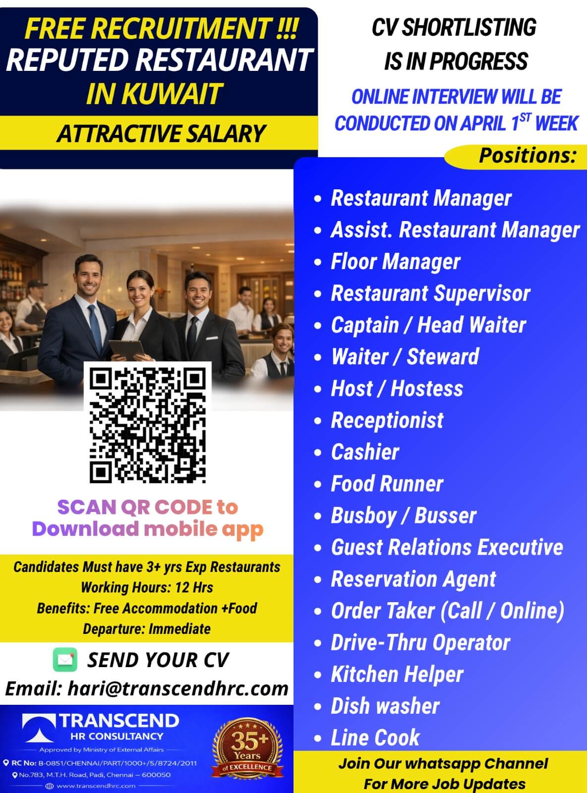Multiple Positions - Reputed Restaurant in Kuwait