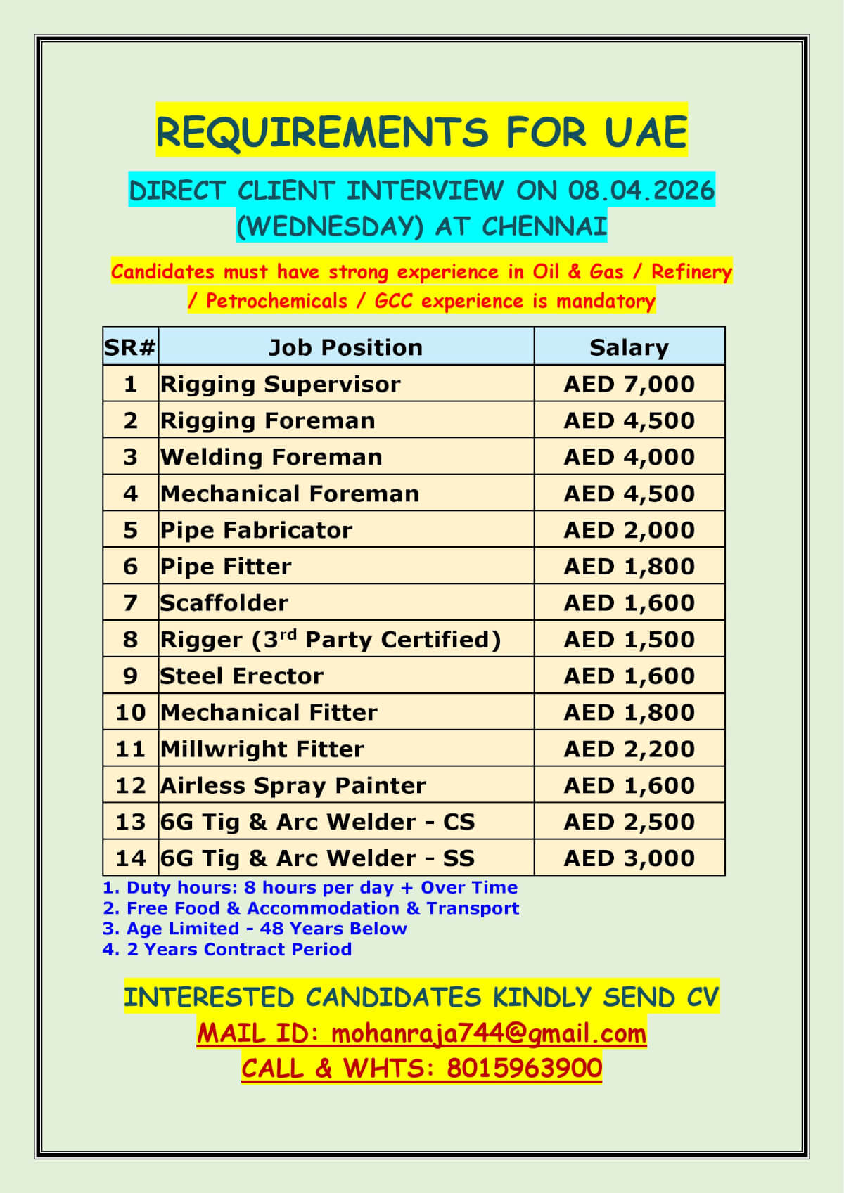 REQUIREMENTS FOR UAE - DIRECT CLIENT INTERVIEW ON 08.04.2026 (WEDNESDAY) AT CHENNAI REQUIREMENTS FOR UAE - DIRECT CLIENT INTERVIEW ON 08.04.2026 (WEDNESDAY) AT CHENNAI