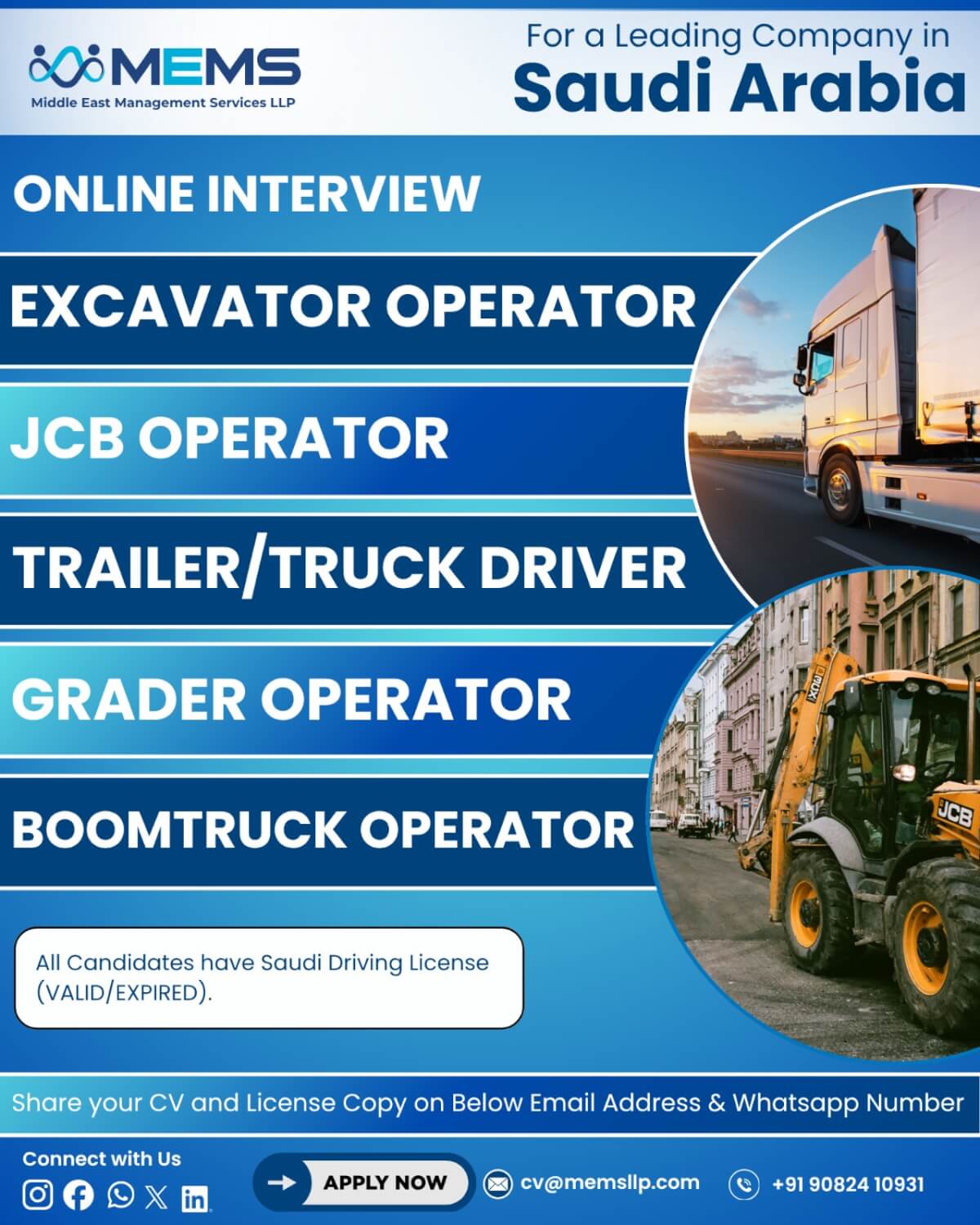 We are hiring for a Leading Company in Saudi Arabia for the following positions: