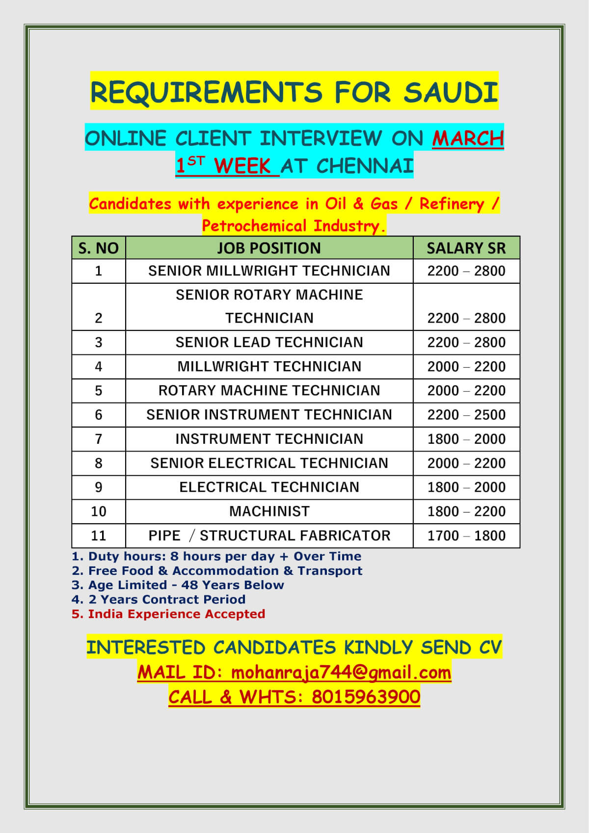 REQUIREMENTS FOR SAUDI - ONLINE CLIENT INTERVIEW ON MARCH 1ST WEEK AT CHENNAI REQUIREMENTS FOR SAUDI - ONLINE CLIENT INTERVIEW ON MARCH 1ST WEEK AT CHENNAI