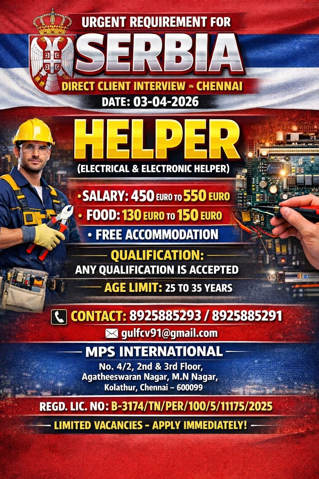 URGENT REQUIREMENT FOR SERBIA DIRECT CLIENT INTERVIEW IN CHENNAI DATE: 03-04-2026