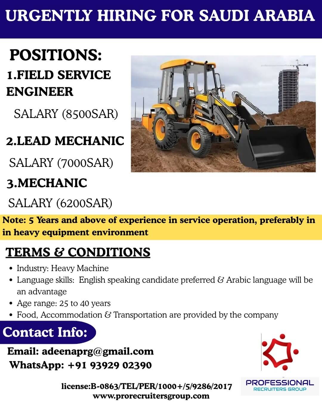 URGENTLY HIRING FOR SAUDI ARABIA