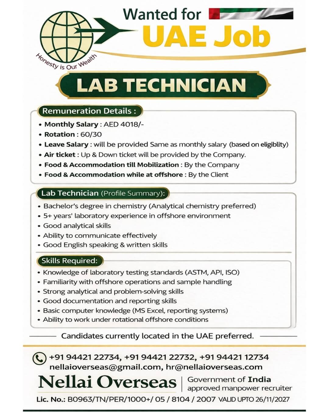 LAB TECHNICIAN WANTED FOR UAE