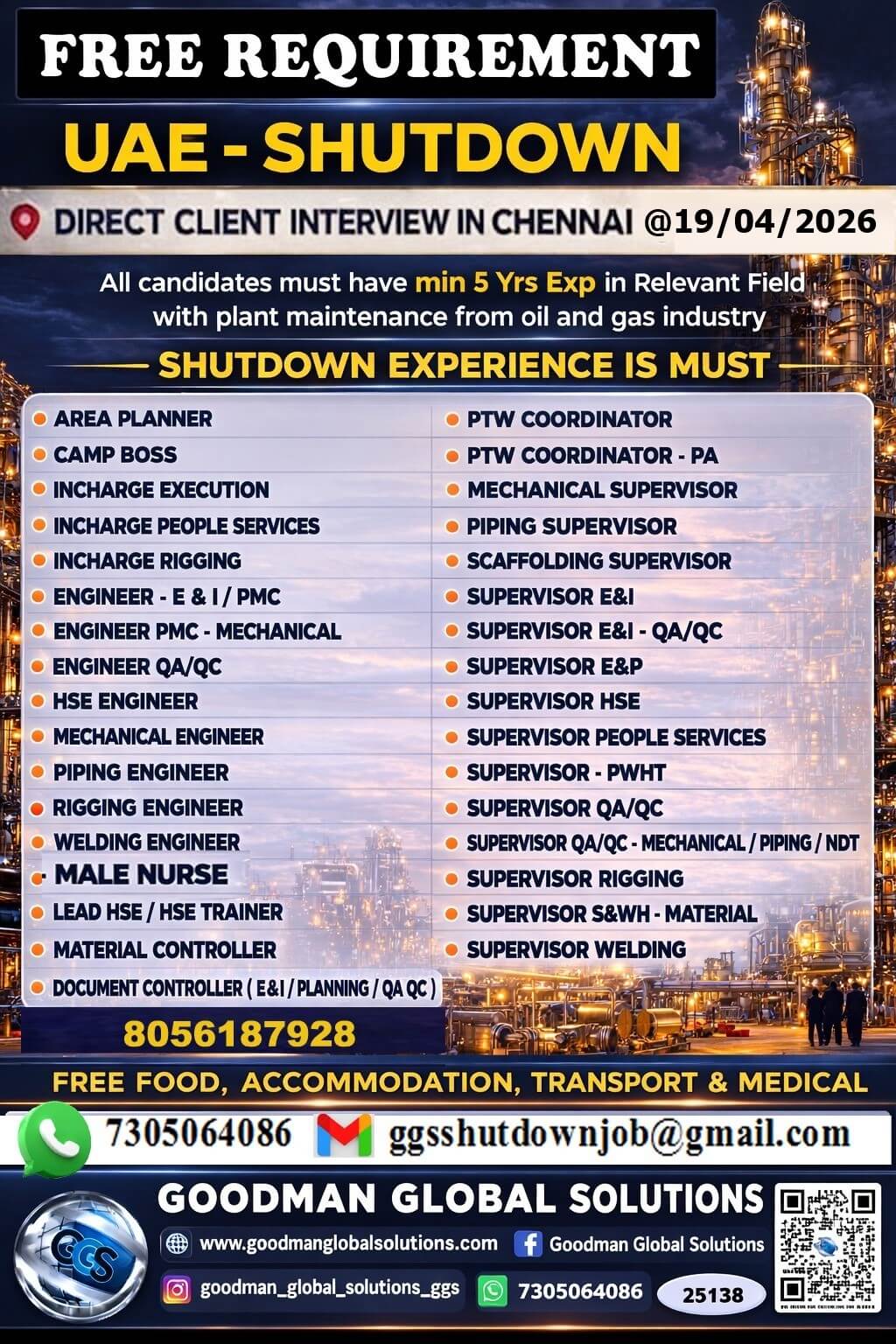 FREE REQUIREMENT - UAE - OIL & GAS (SHUTDOWN PROJECT) DIRECT CLIENT INTERVIEW IN CHENNAI @19/04/2026 FREE REQUIREMENT - UAE - OIL & GAS (SHUTDOWN PROJECT) DIRECT CLIENT INTERVIEW IN CHENNAI @19/04/2026