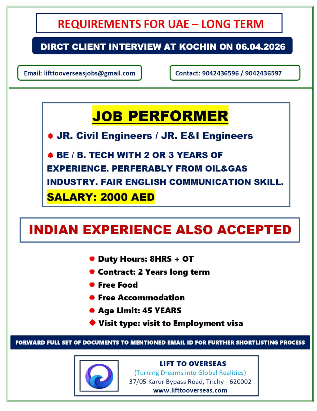 JOB PERFORMER ( JR. Civil Engineers / JR. E&I Engineers ), ( BE / B. TECH with 2 or 3 years of Experience. Perferably From Oil&Gas industry. Fair English Communication Skills ). JOB PERFORMER ( JR. Civil Engineers / JR. E&I Engineers ), ( BE / B. TECH with 2 or 3 years of Experience. Perferably From Oil&Gas industry. Fair English Communication Skills ).