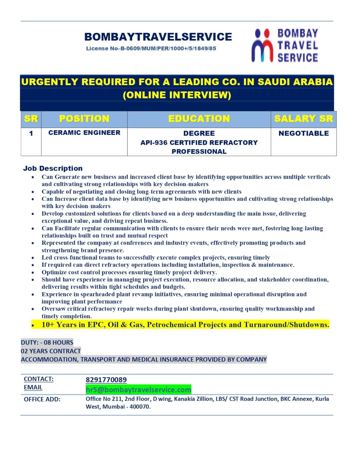 URGENTLY HIRING CERAMIC ENGINEER FOR SAUDI ARABIA