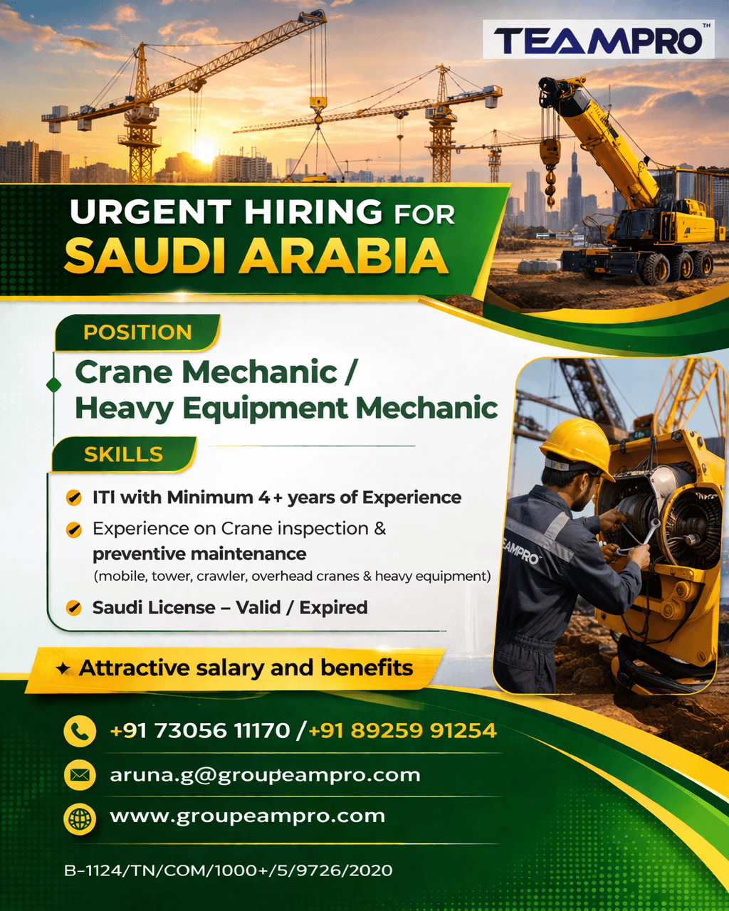 ? Urgent Hiring – Saudi Arabia , Position: Crane Mechanic / Heavy Equipment Mechanic