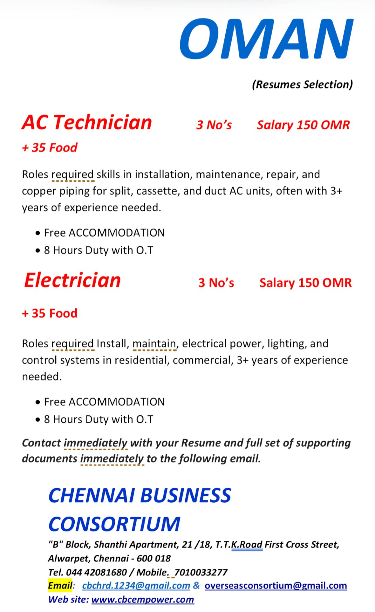 ELECTRICIANS & A/C TECHNICIANS