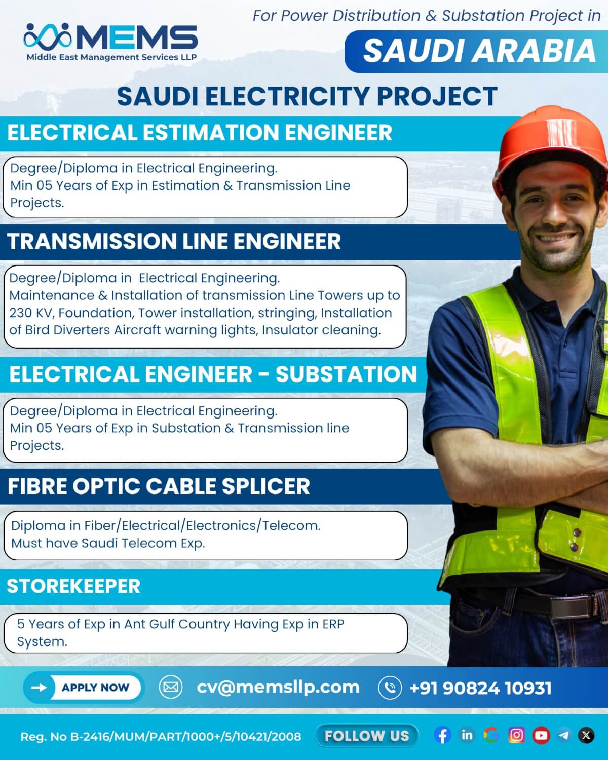We are hiring for Power Distribution & Substation Project in Saudi Arabia