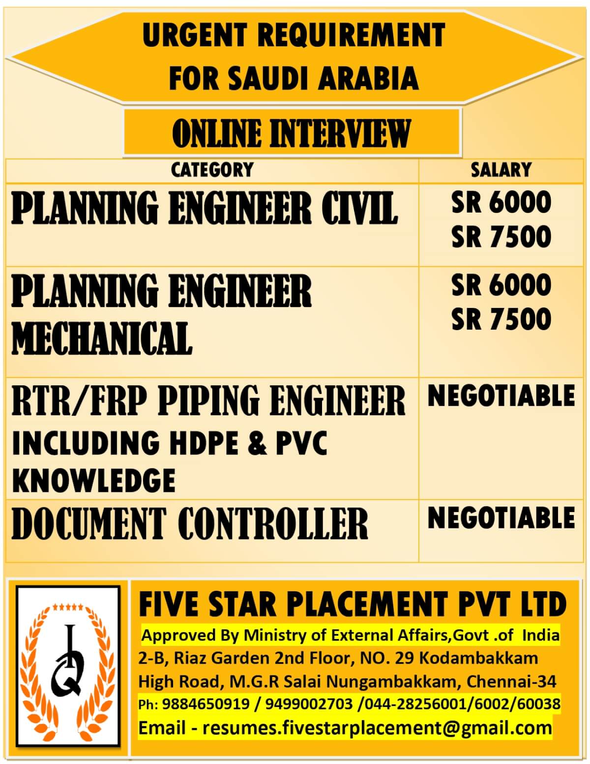 URGENT REQUIREMENT FOR SAUDI ARABIA
