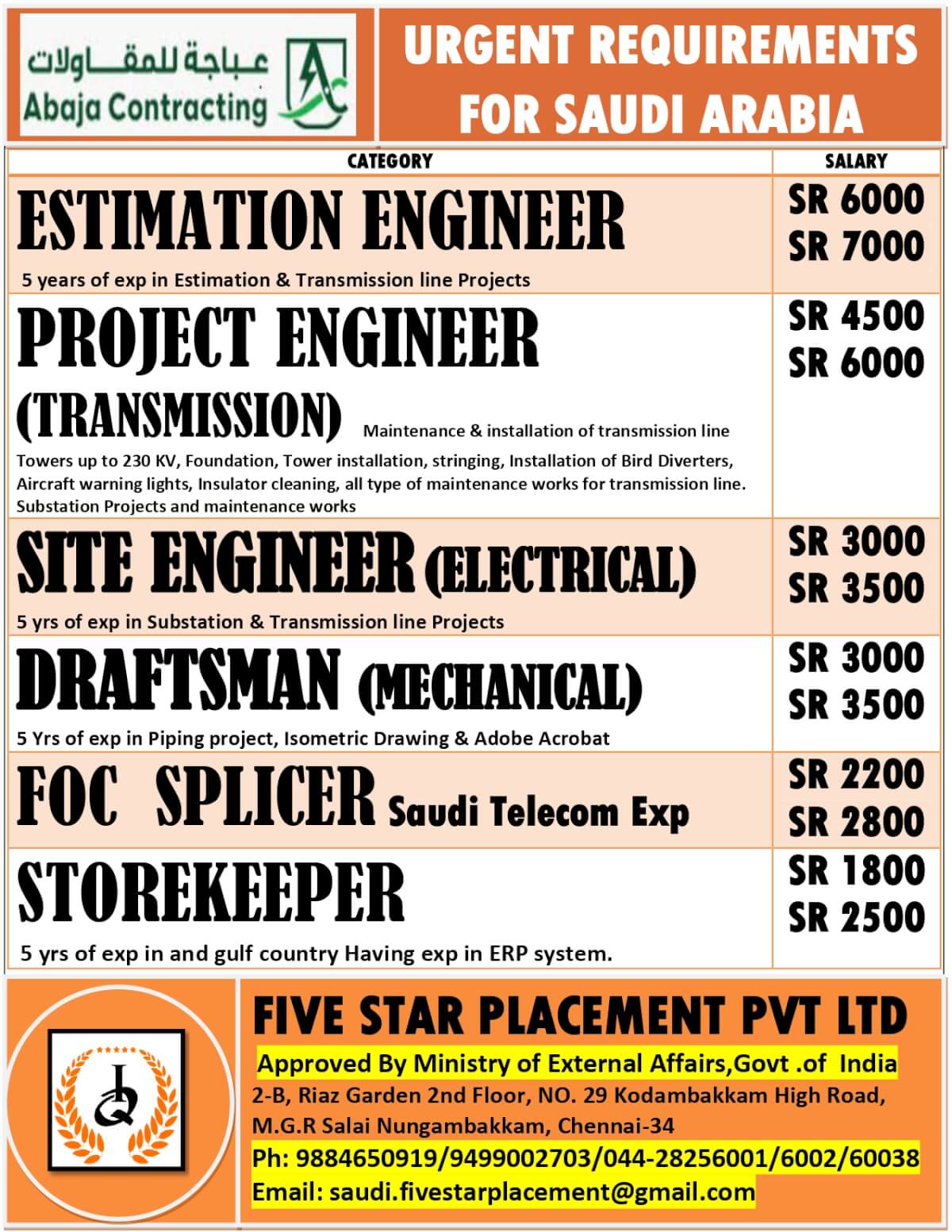 URGENT REQUIREMENT FOR SAUDI ARABIA
