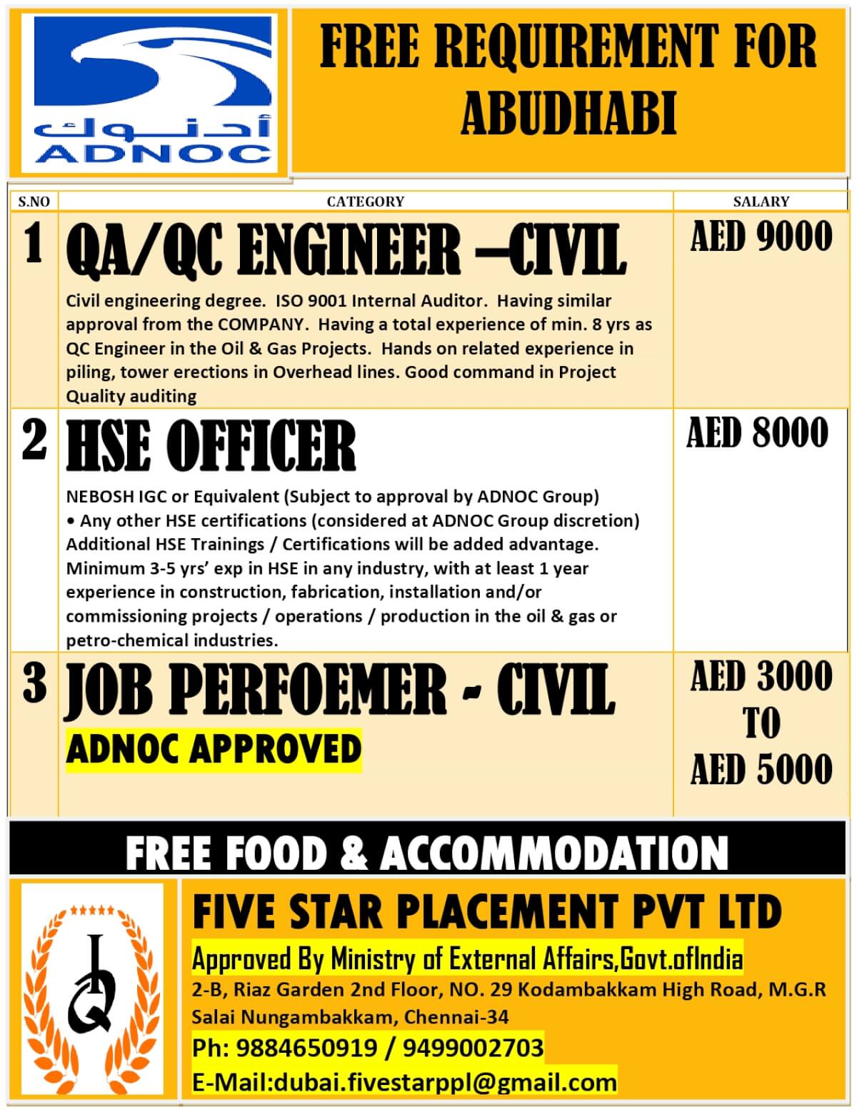 FREE REQUIREMENT FOR ABUDHABI