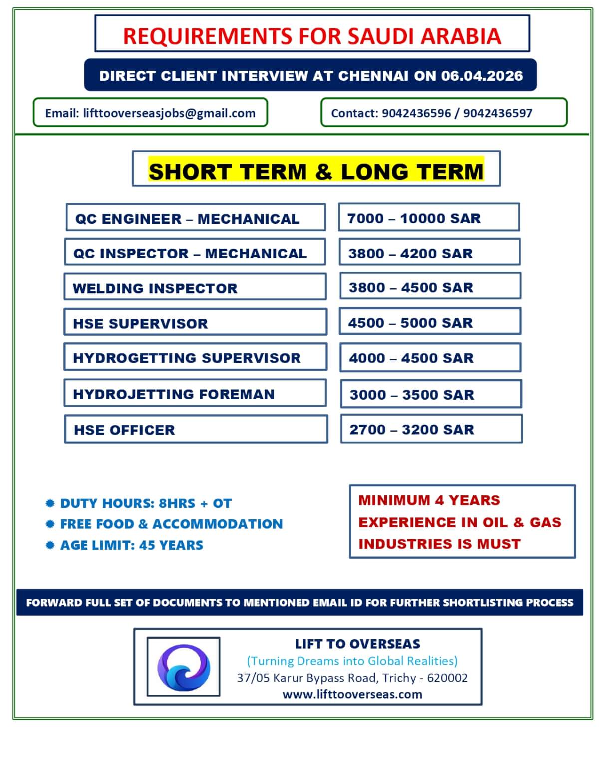 QC Engineer - Mechanical, QC Inspector - Mechanical, Welding Inspector, HSE Supervisor, Hydrogetting Supervisor, Hydrojetting Foreman, HSE Officer QC Engineer - Mechanical, QC Inspector - Mechanical, Welding Inspector, HSE Supervisor, Hydrogetting Supervisor, Hydrojetting Foreman, HSE Officer