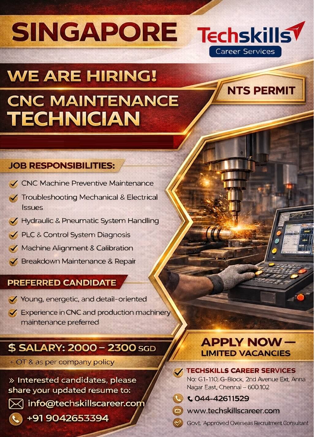CNC Machine Maintenance Technician – Singapore (Immediate Requirement) NTS PERMIT