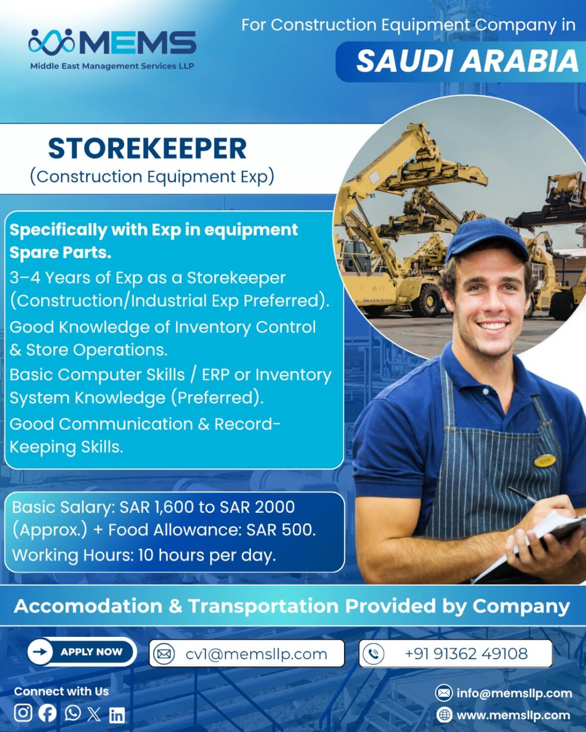 We are hiring Storekeeper (Construction Equipment Experience) for a reputed Construction Equipment Company in Saudi Arabia.