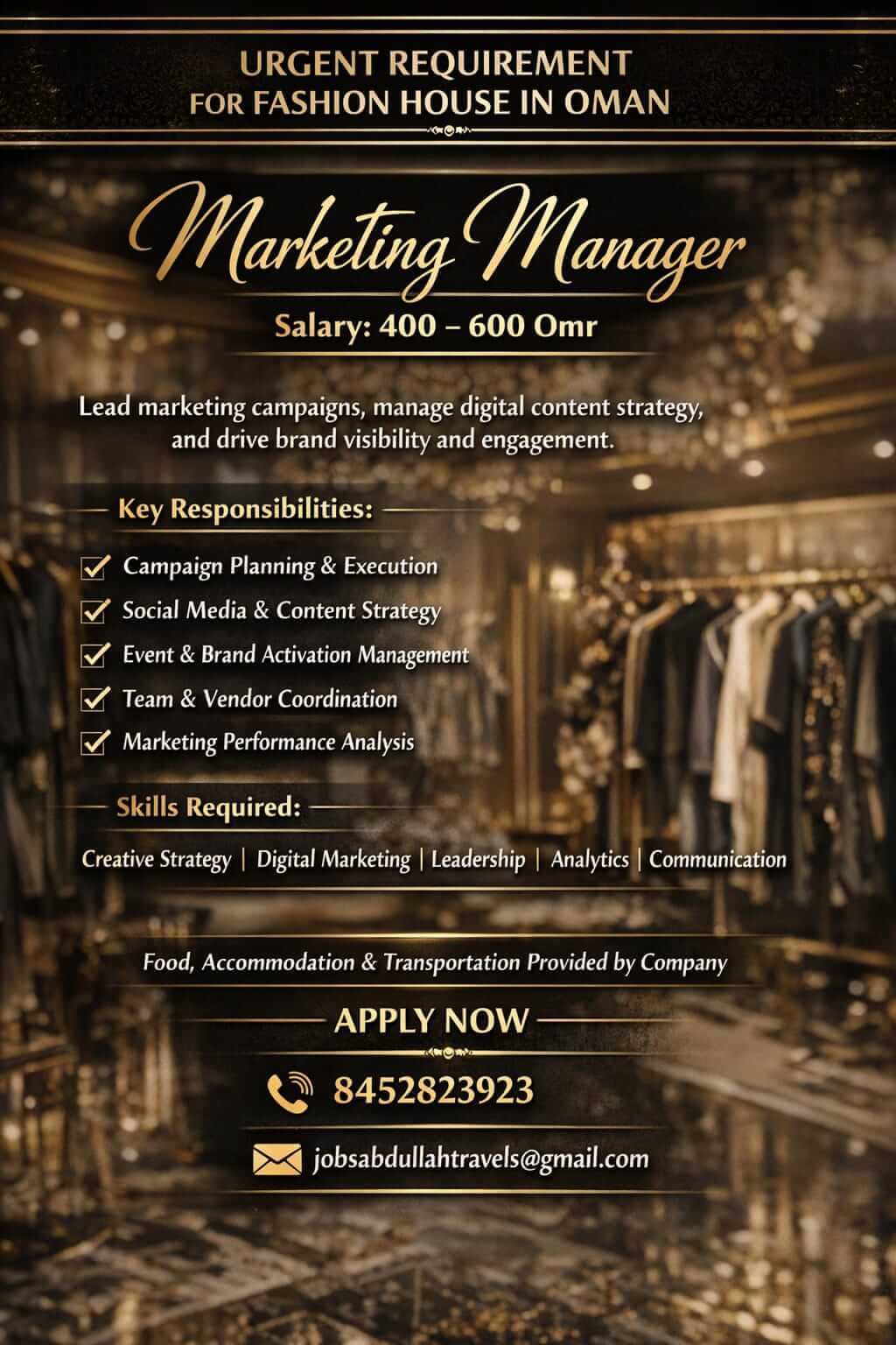 URGENT REQUIREMENT FOR FASHION HOUSE IN OMAN