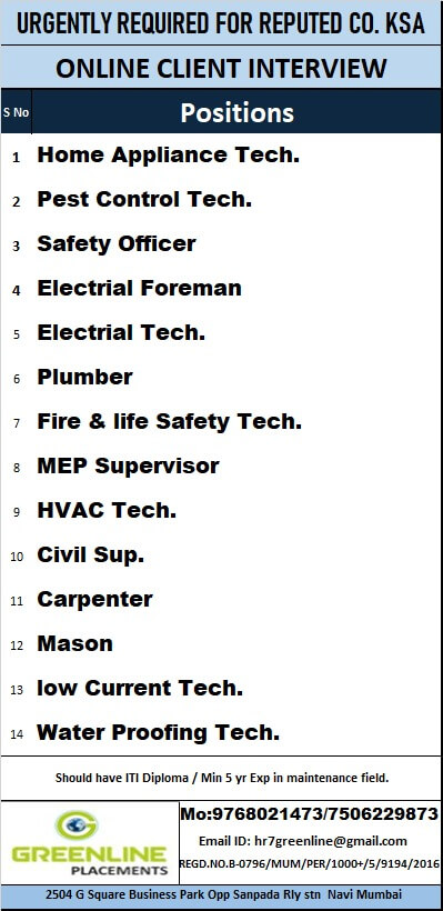 URGENTLY REQUIRED FOR REPUTED CO. KSA URGENTLY REQUIRED FOR REPUTED CO. KSA