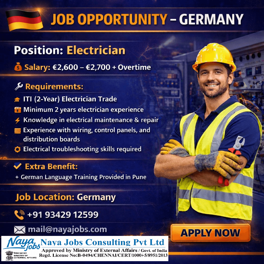 Urgent Requirement for Electrician Job In Germany